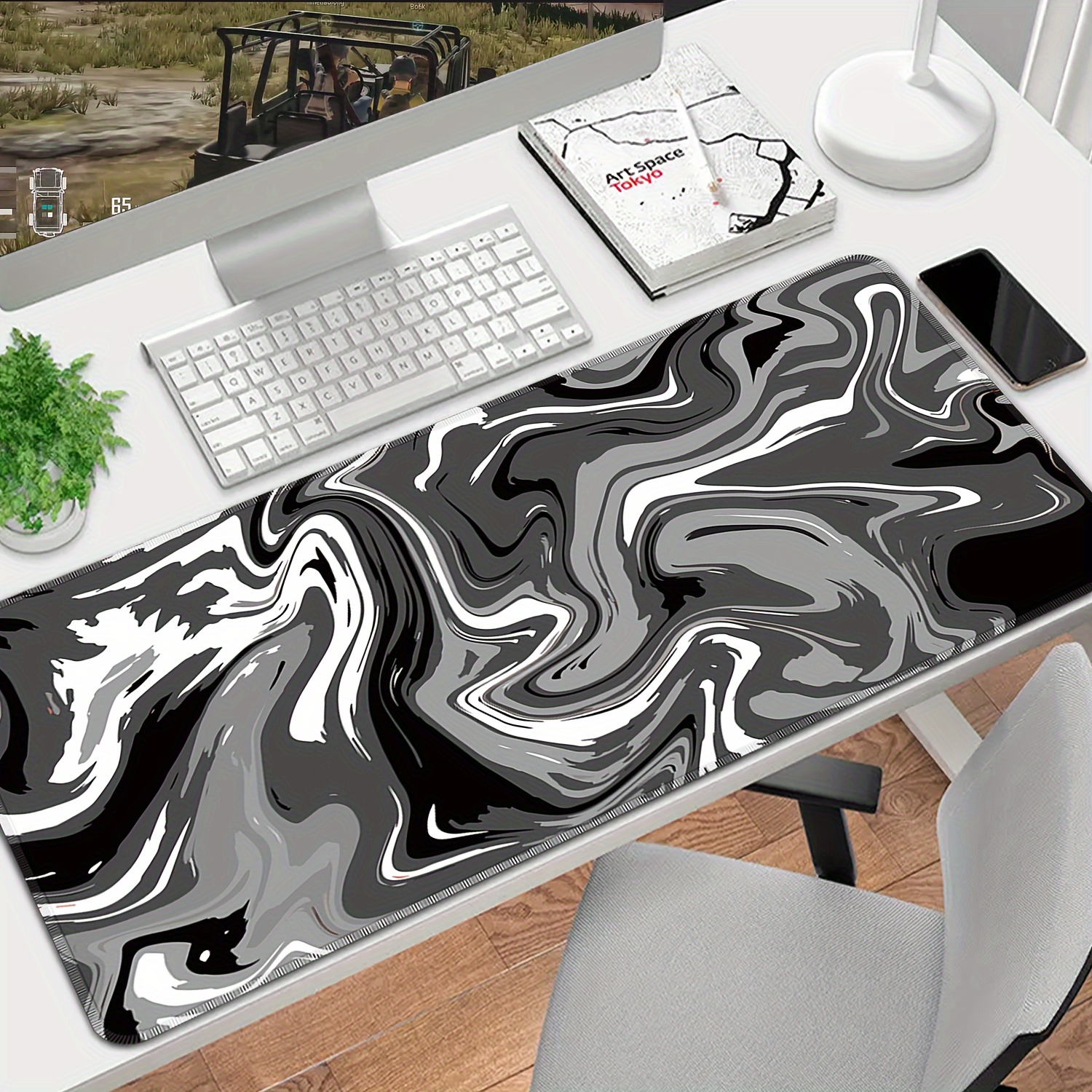 Grand tapis de souris de jeu noir et blanc, tapis d'ordinateur, bord  verrouillable, clavier, bureau