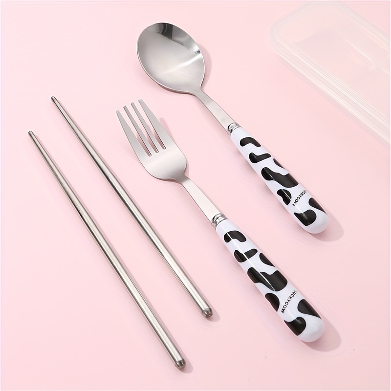 3pcs/set, Tableware Set, Stainless Steel Flatware Sets, Cow Plastic Handle  Fork, Cute Spoon, Portable Fruit Fork, Mental Chopsticks With Storage Box