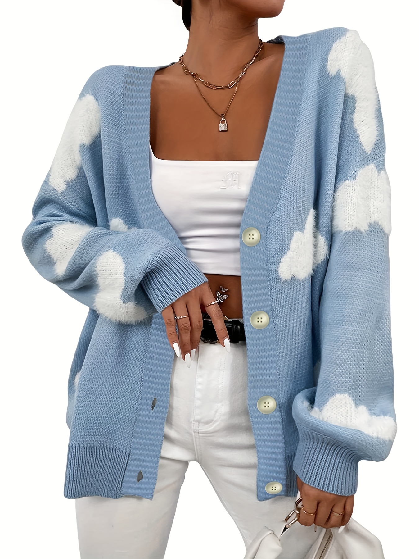 Cloud Jacquard Button Front Cardigan, Casual Long Sleeve Loose Sweater,  Women's Clothing