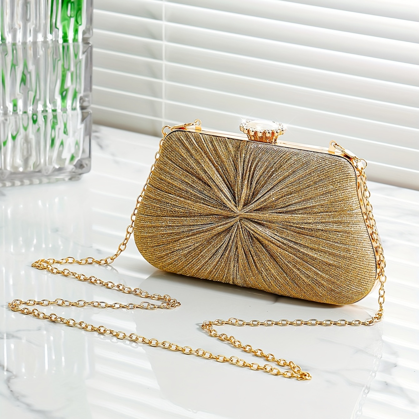 Elegant Rhinestone Glitter Chain Clutch Kiss Lock Purse
