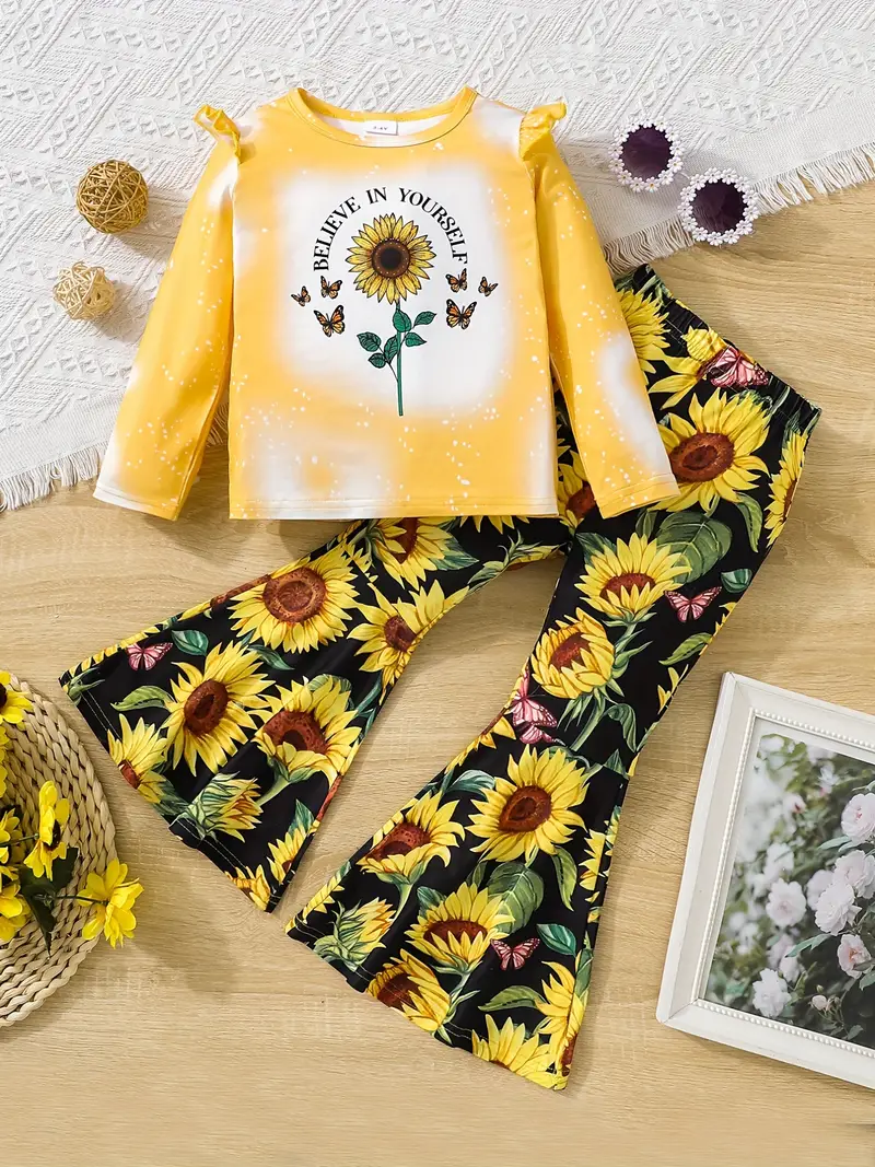 Girls Round Neck Long Sleeve Top Sunflower Print Flared - Temu