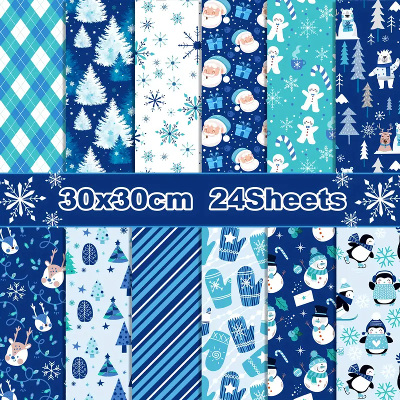 24sheets Christmas Pattern Paper 11.8in*11.8in Watercolor Winter Scrapbook  Paper Double-Sided White Blue Snowflake Craft Paper Folded Flat For DIY Car