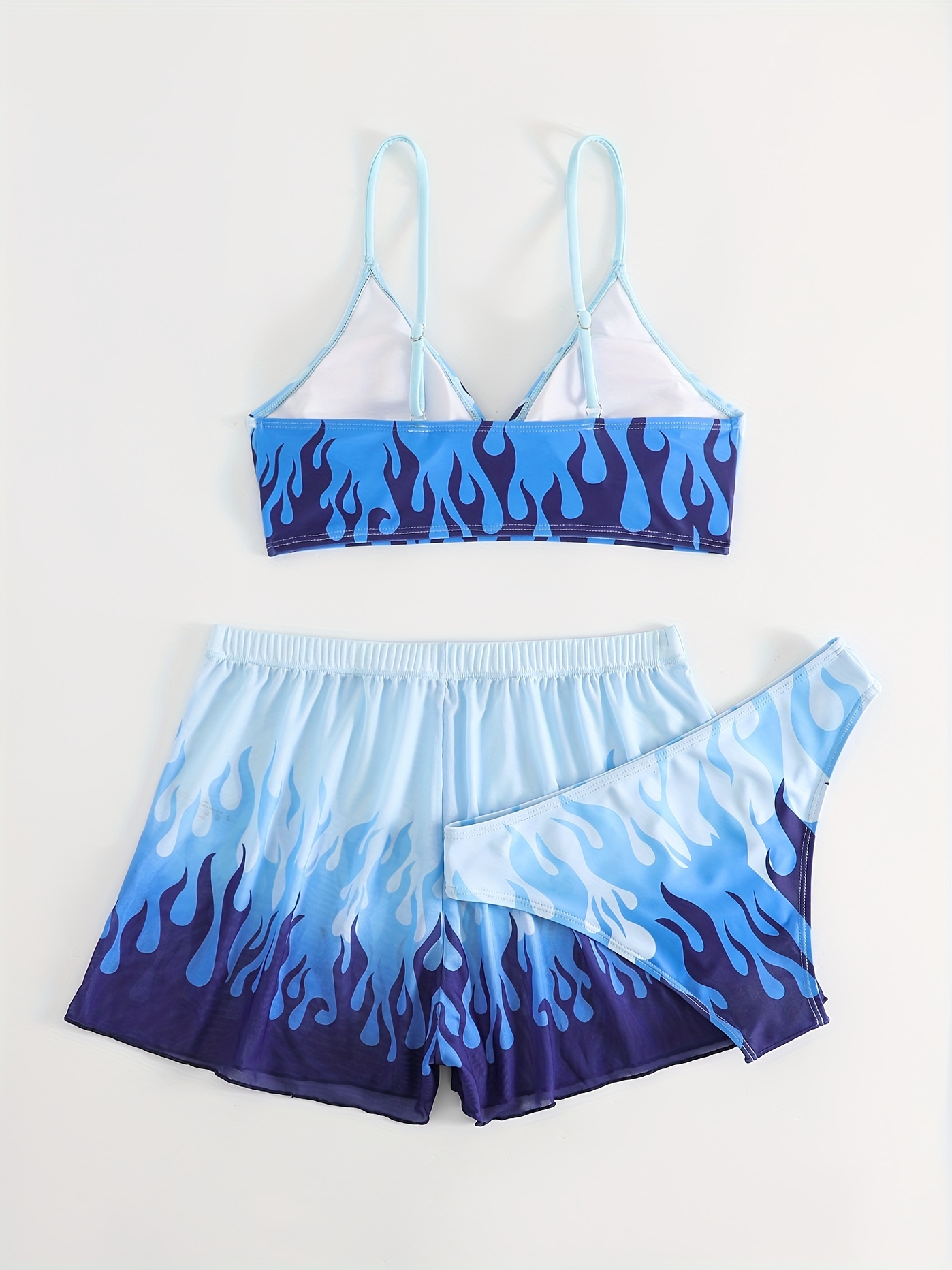 Ombre Blue Flame Print Swimsuits Spaghetti Strap V Neck - Temu