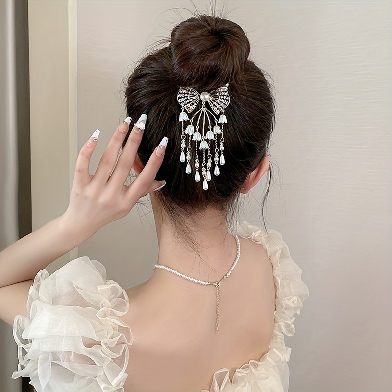 AYYUFE Decorative Rhinestone Center Beautiful Lady Hair Clip White Faux  Pearls Bow Hairpin Hair Accessories