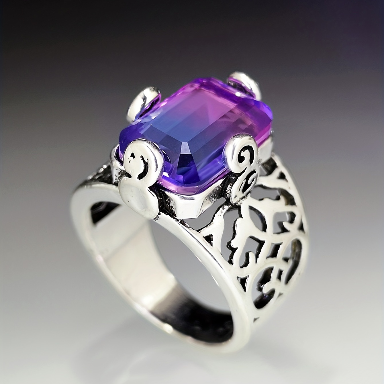 1pc Hollow Carved Inlaid Colorful Purple Tourmaline Ring New Retro Mens ...