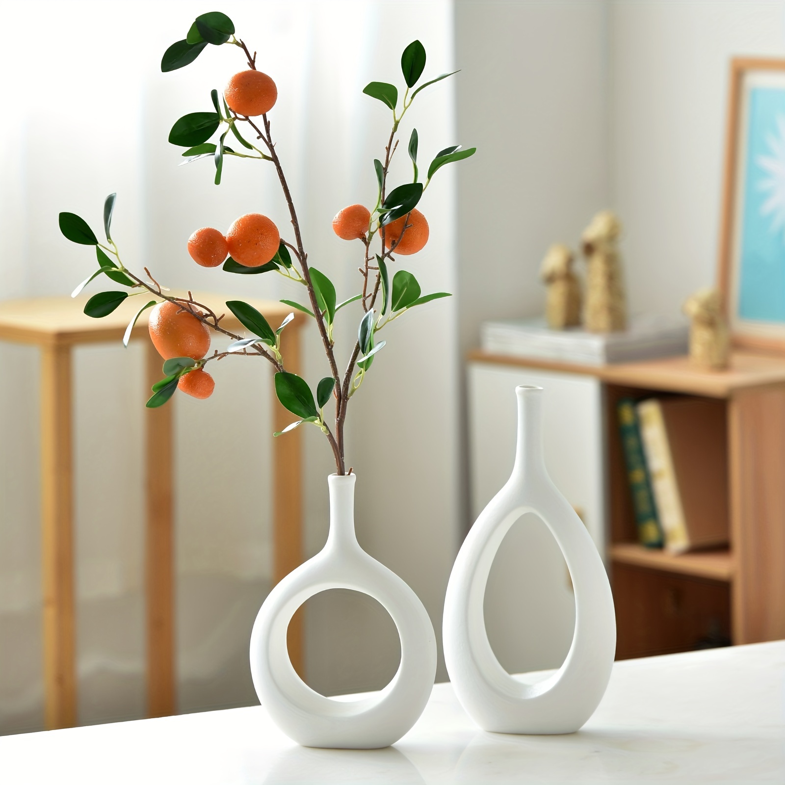 Florero de cerámica – Florero moderno para decoración del hogar, jarrones  decorativos geométricos blancos para sala de estar, jarrón de flores secas