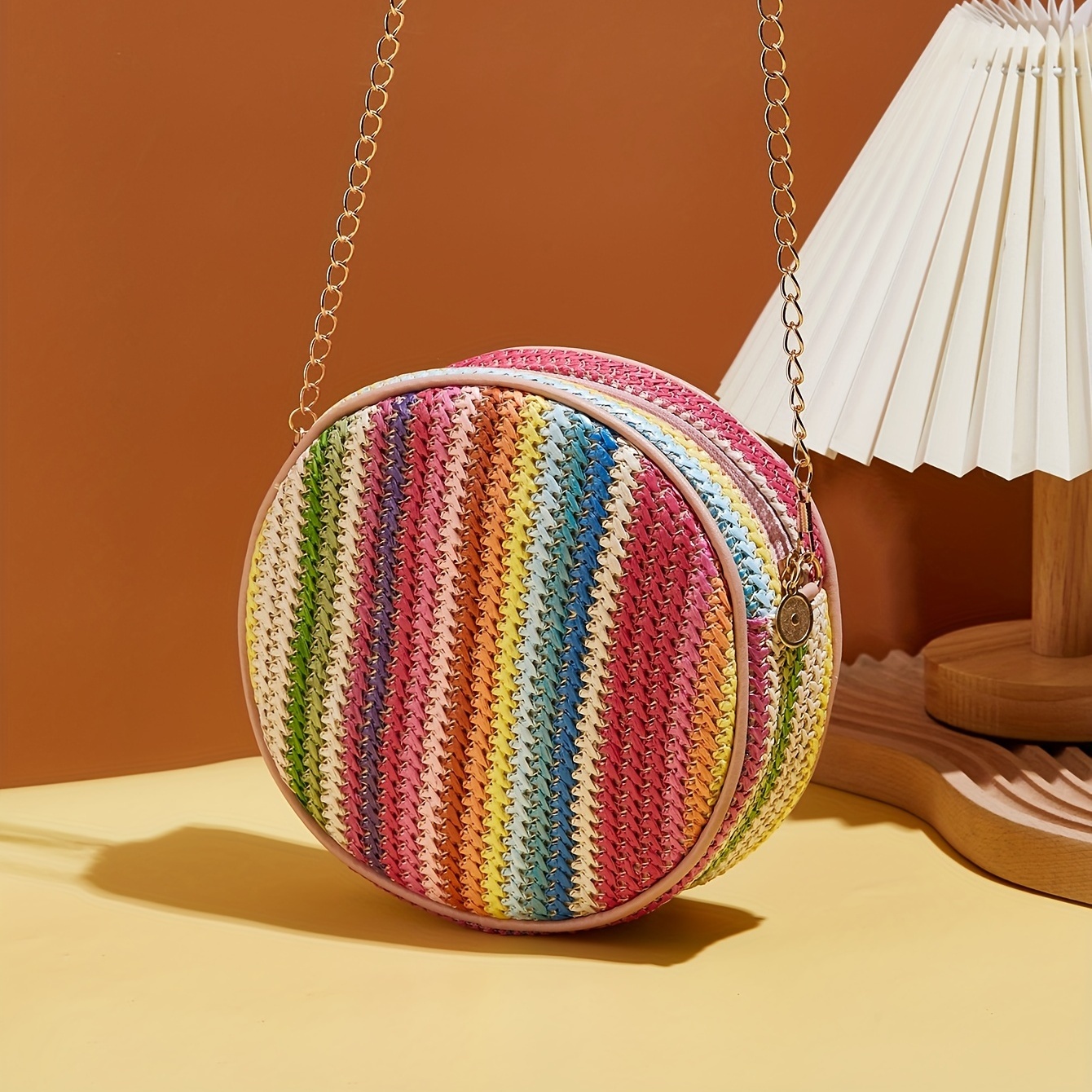 

Colorful Straw Woven Round Bag, Fashion Chain Crossbody Bag, Rainbow Design Beach Bag For Women