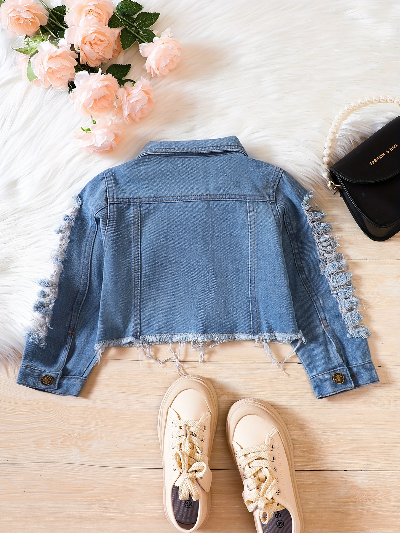 Girls Ripped Cropped Denim Jacket With Button Long Sleeve Coat For Spring And Autumn