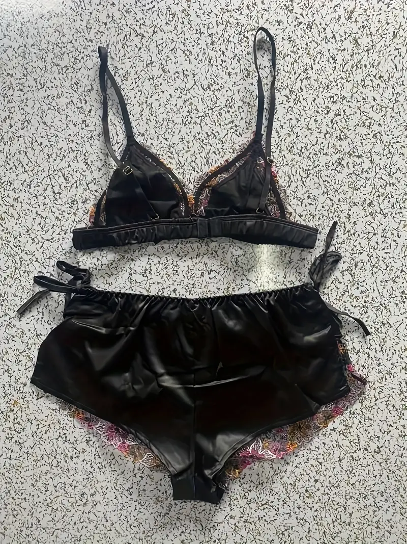Floral Embroidery Lingerie Set, Bow Plunge Bra & Satin Shorts, Women's Sexy  Lingerie & Underwear
