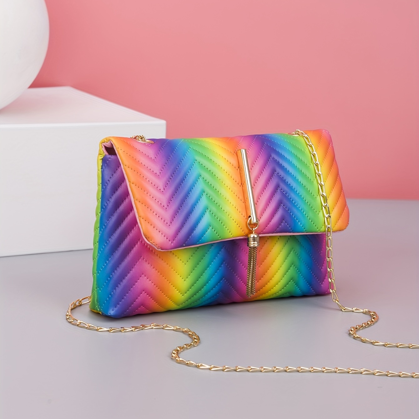 Niche Rainbow Color Square Bag, Flap Shoulder Bag With Tassel Decor, Trendy  Crossbody Bag - Temu South Korea