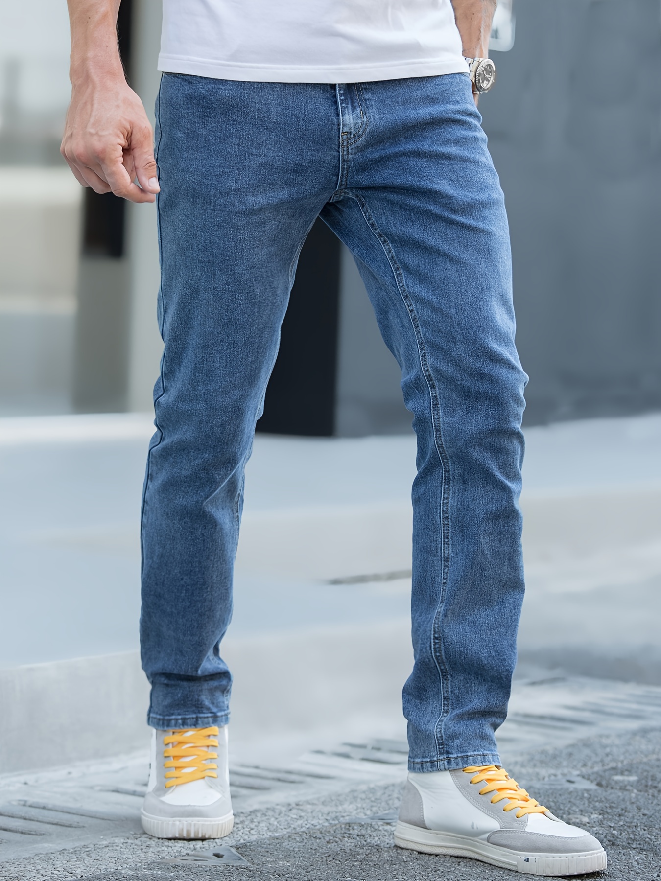 New Trend Washed Jeans Men's Slim Stretch Straight Leg Jeans - Temu