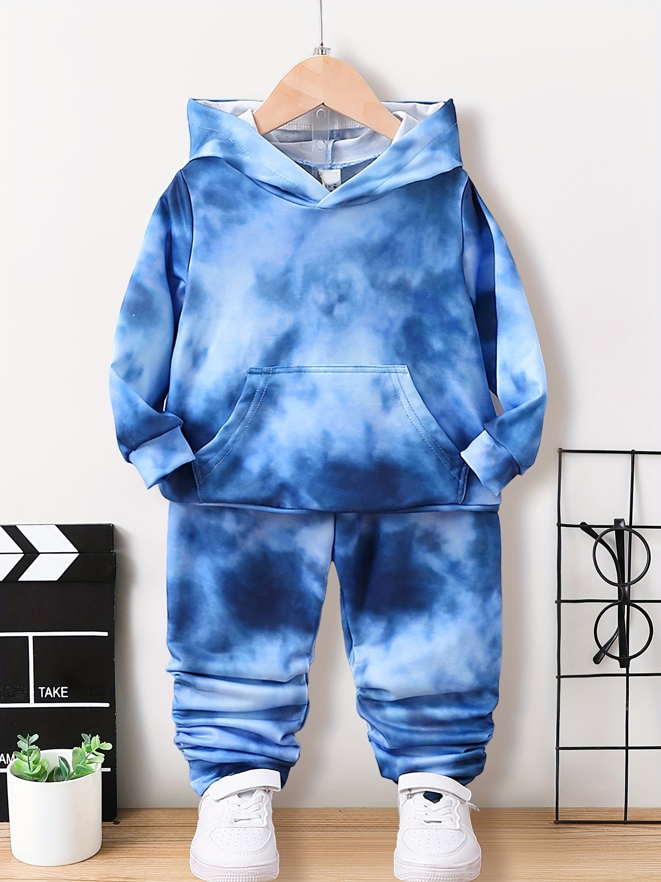 Boy's Blue White Tie dye Outfit Hoodie Sweatpants Set Casual - Temu