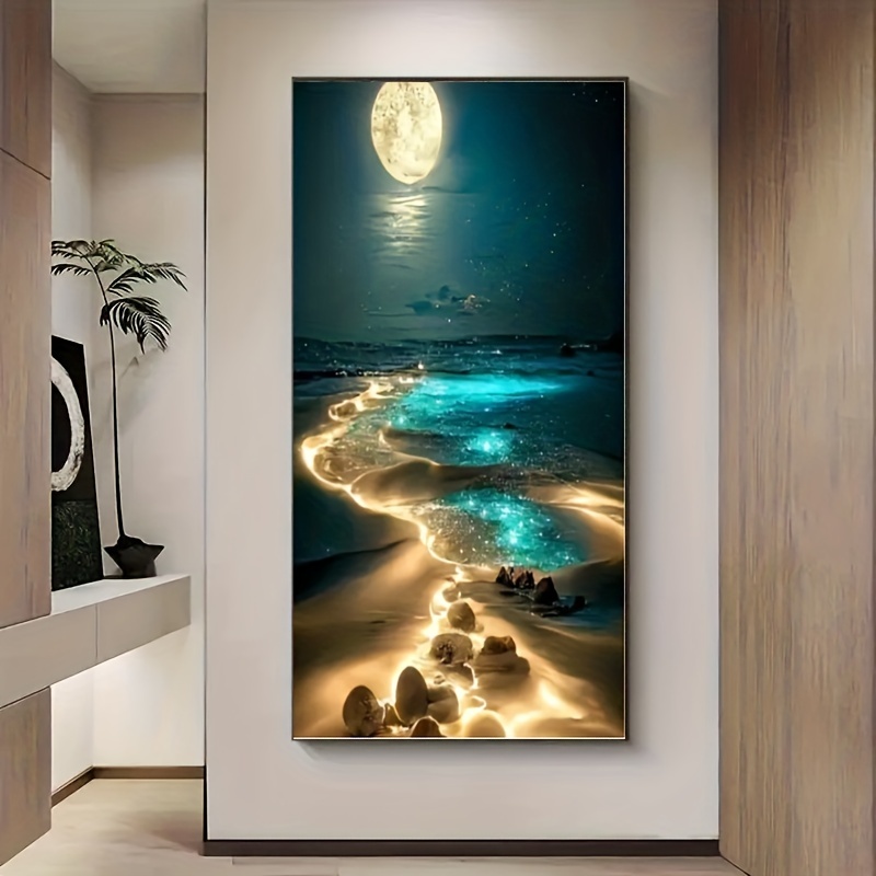 5d Diy Rhinestones Painting Seaside Moon Full Rhinestones - Temu