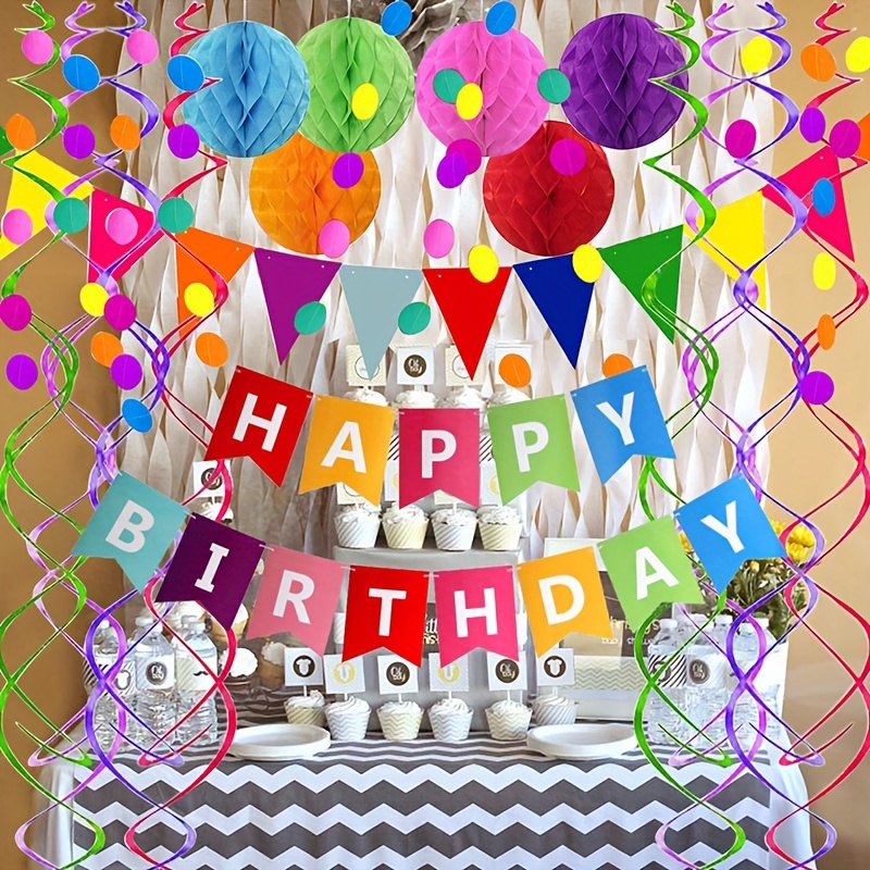 1 Juego de pancarta de feliz cumpleaños, pancarta de cumpleaños de  arcoíris, guirnalda de confeti circular, serpentinas en forma de remolino,  bola de panal, decoración de fiesta de cumpleaños – Los mejores
