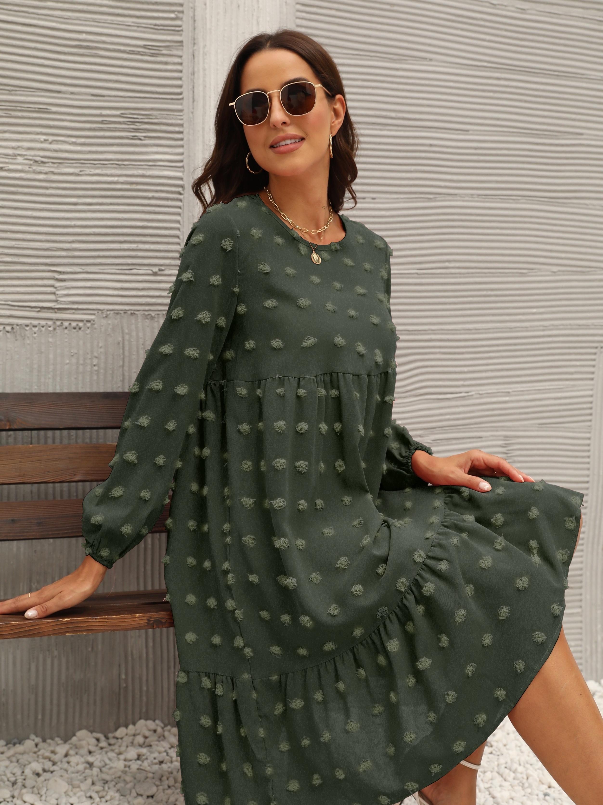 Swiss Dot Tiered Dress Elegant Solid Long Sleeve Dress - Temu Canada