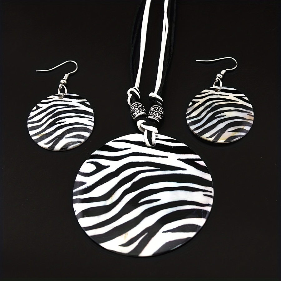 

3pcs Earrings Plus Necklace Boho Style Jewelry Set Made Of Shell Chic Zebra Print Design Match Daily Outfits Party Accessories