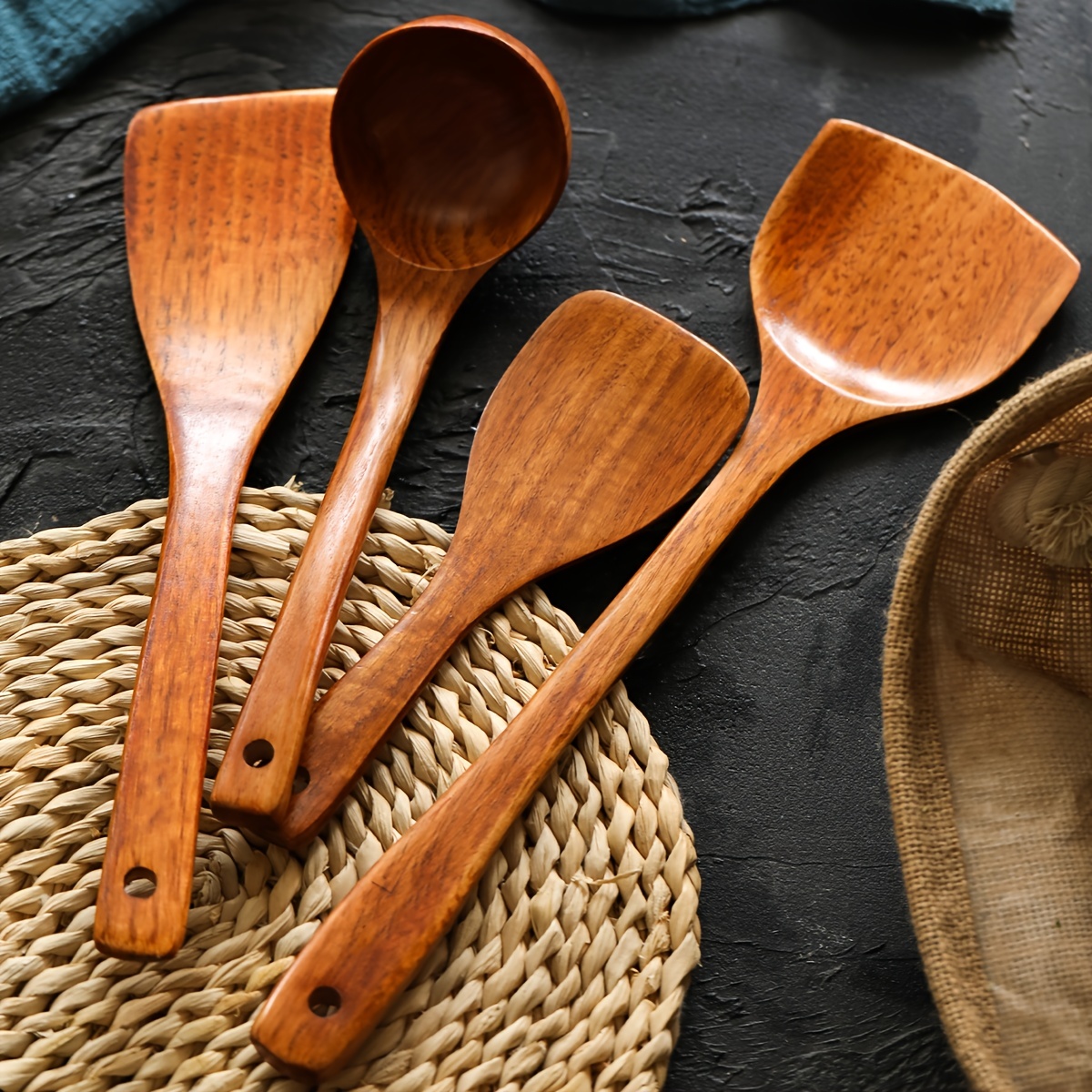  Juego de utensilios de cocina de madera, 5 piezas de acacia  natural para sartén antiadherente, herramienta de cocina, cucharón y  espátulas wok, tenedor de ensalada : Hogar y Cocina