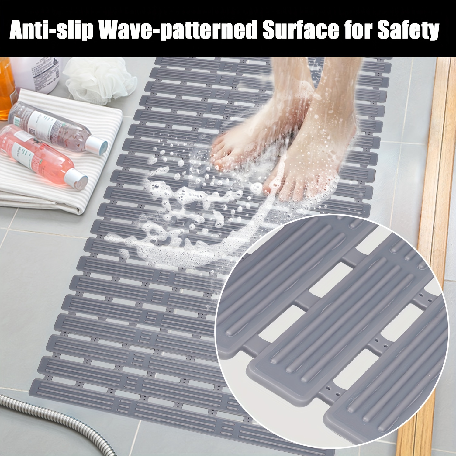 Bath Mat Non Slip Anti Mould with Foot Scrubber 70 x 40cm TPE