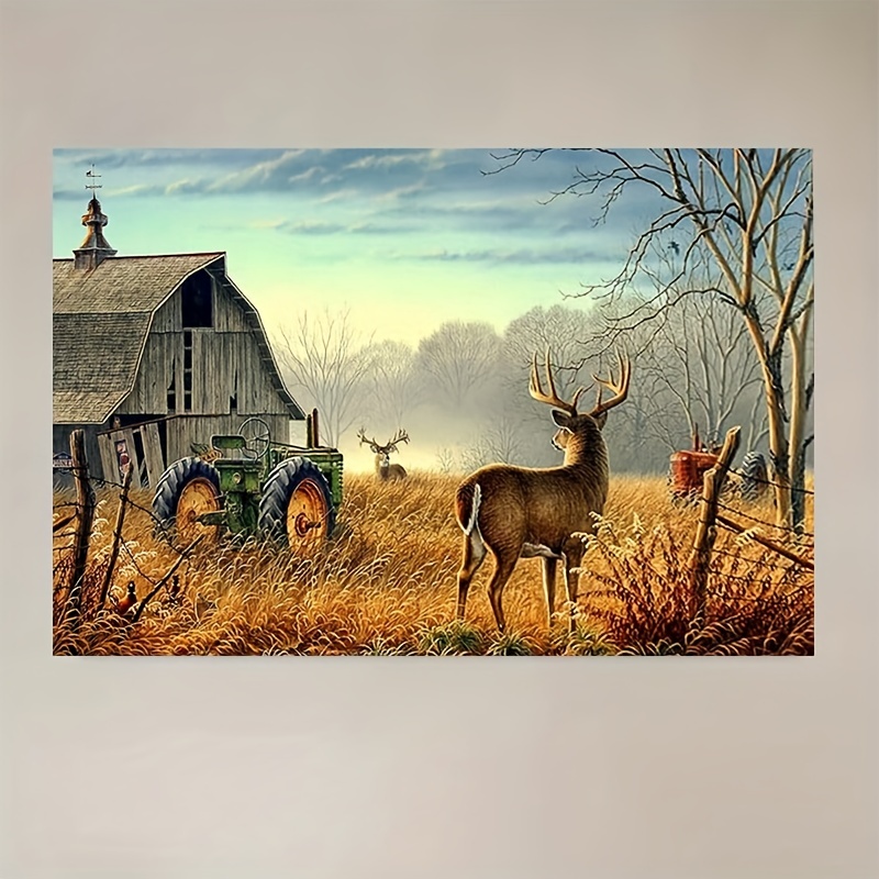 Framed Rustic Canvas Print Poster Deer Tractor Farm Wildlife - Temu