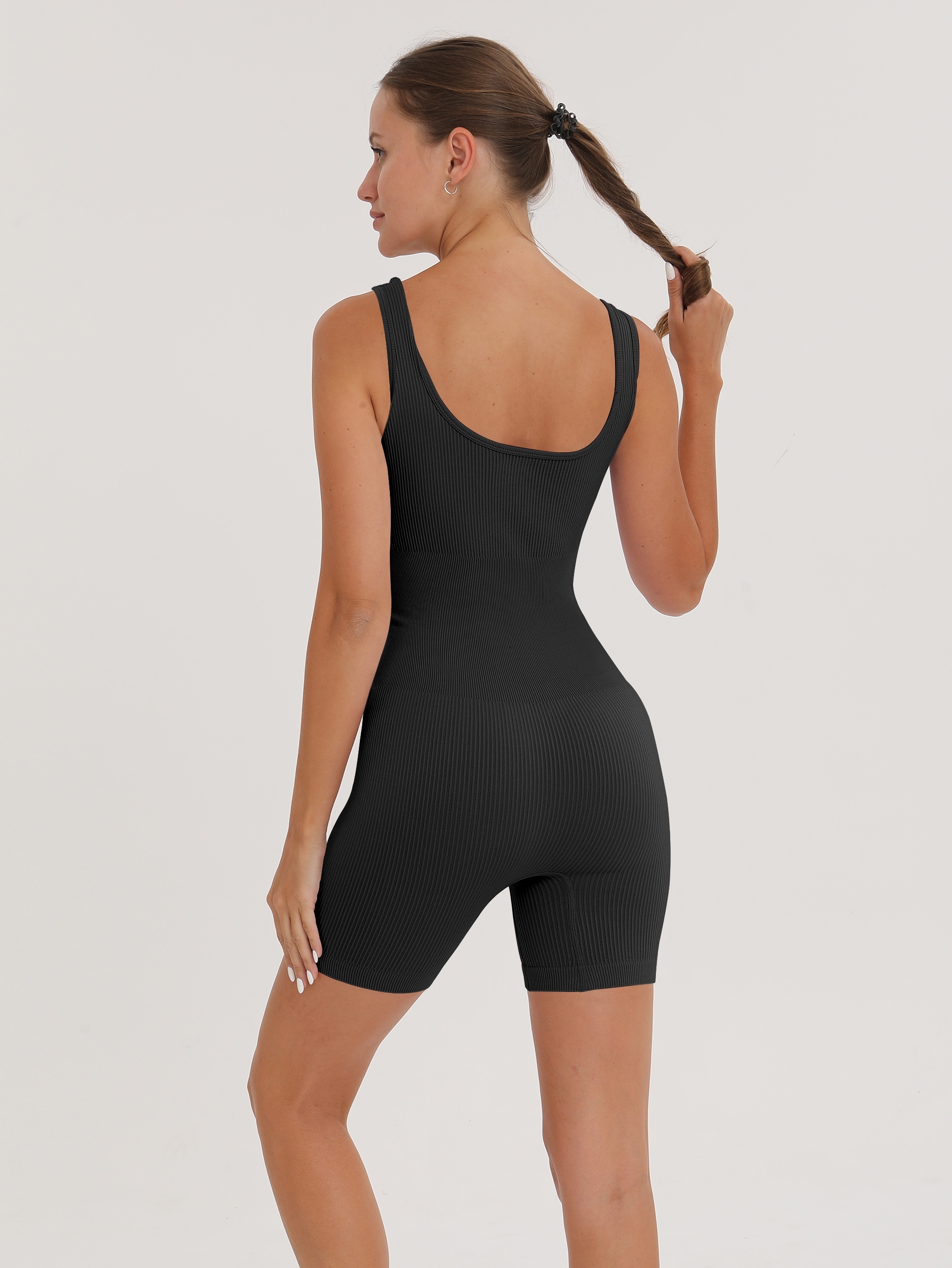 Suanret Women Yoga Rompers Workout Ribbed Bodysuit Sleeveless Sport Romper  Short Jumpsuits for Women Streetwear Black M 