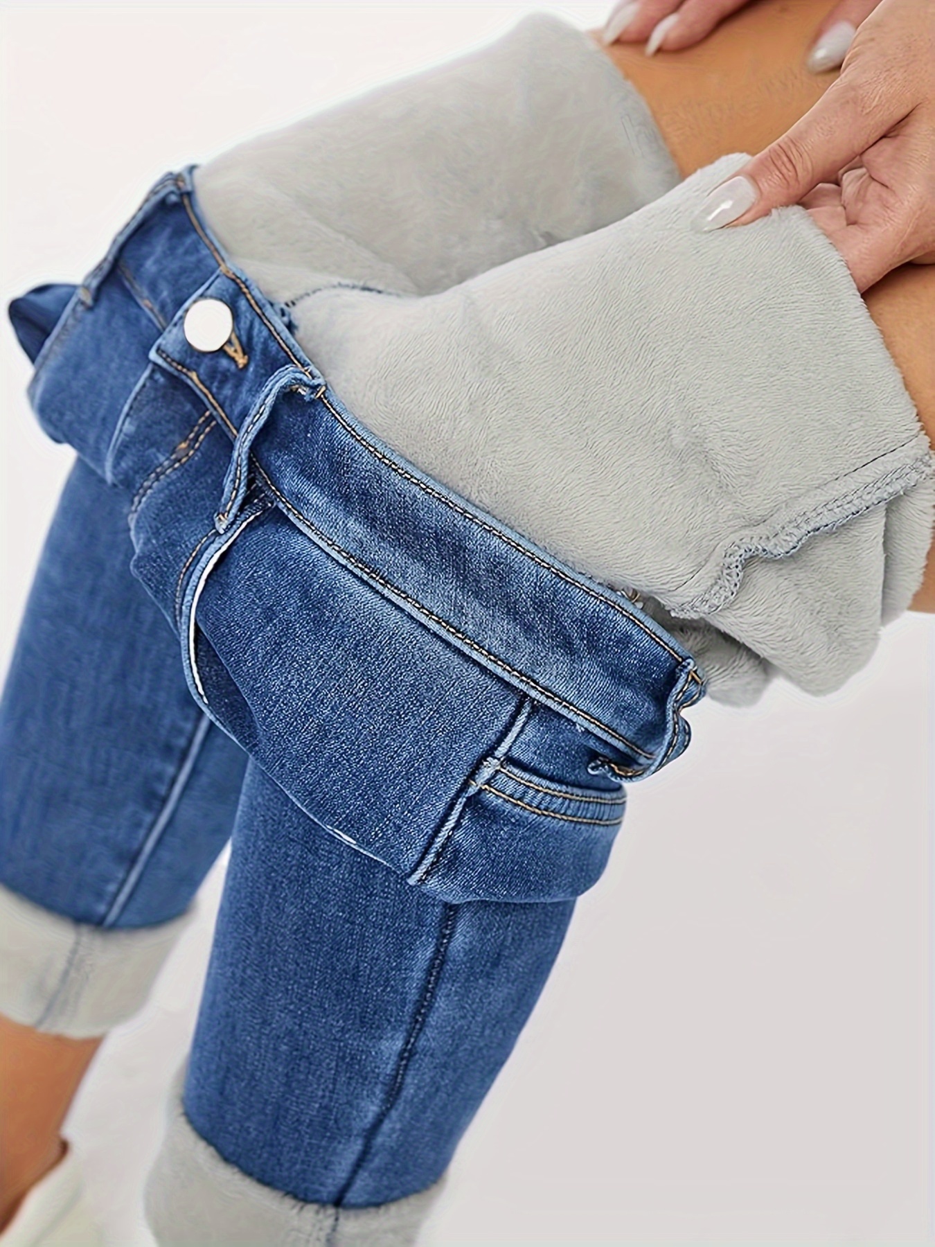 Fleece Lined Women Jeans Skinny High Waisted Thick Fleece Warm Stretch  Fleece Lining Women Jeans Pants Thick Tights