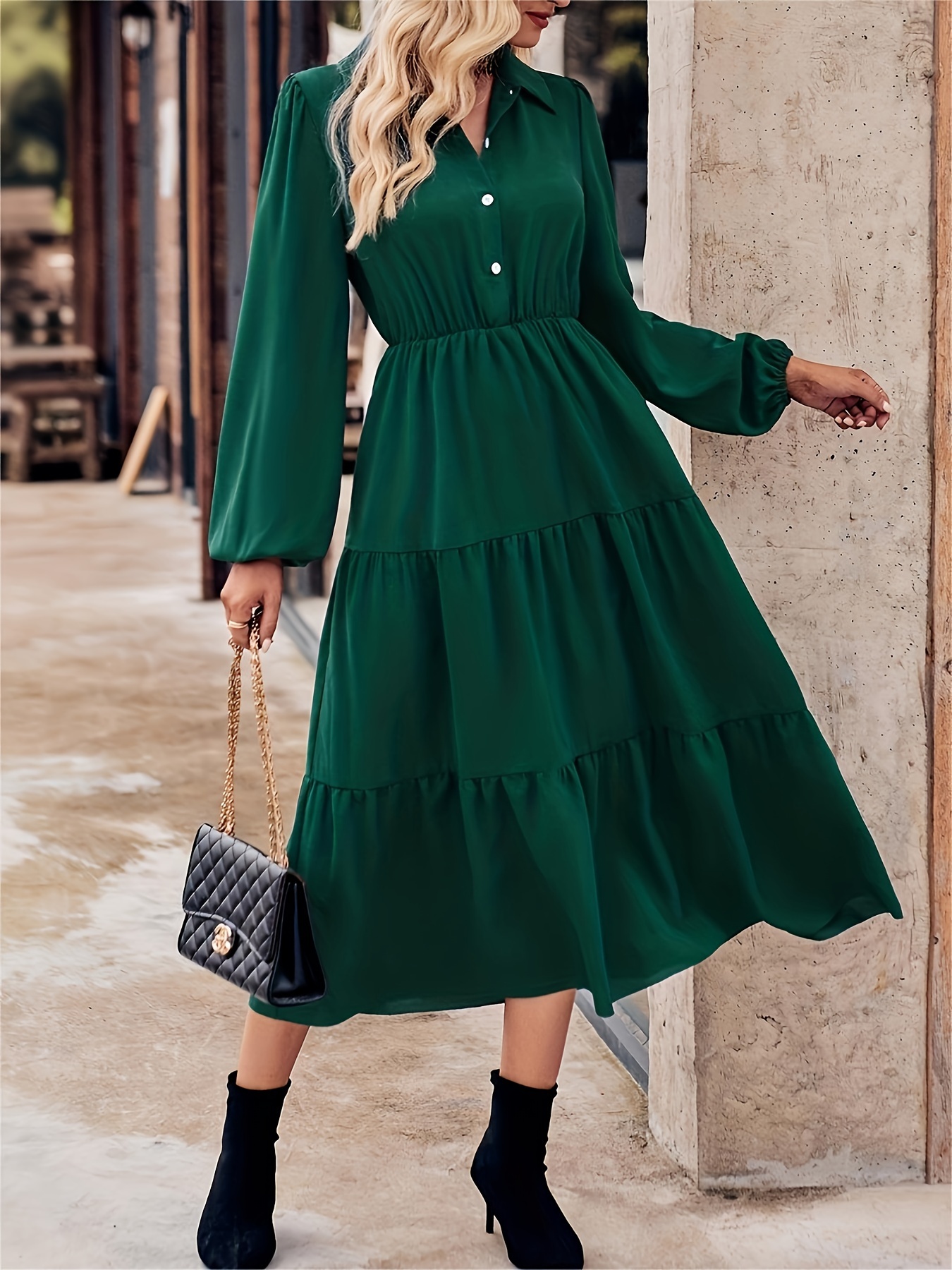 solid button front dress elegant long sleeve midi dress womens clothing