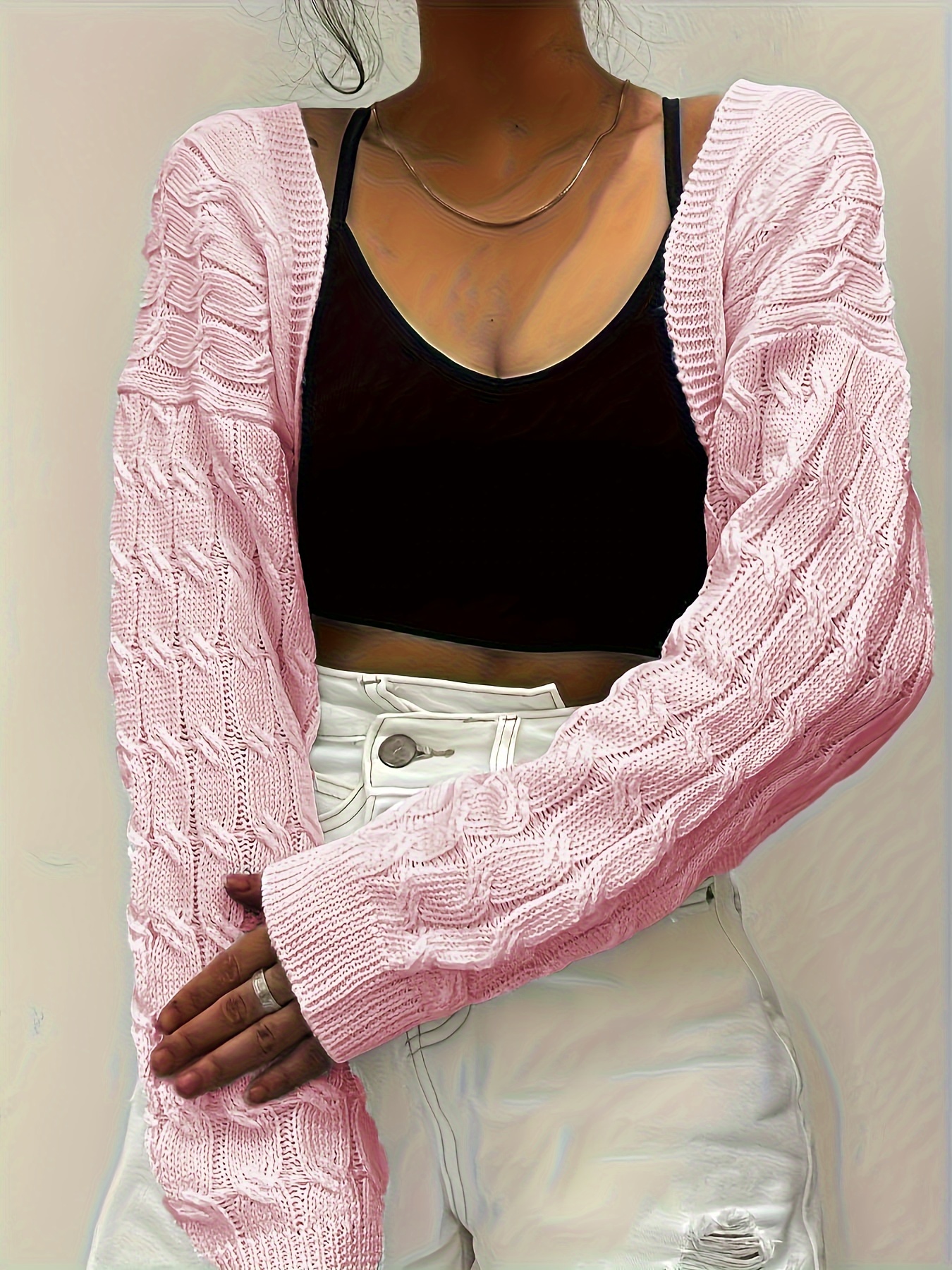Women's Pink Knit Cardigan Long Sleeve Crop
