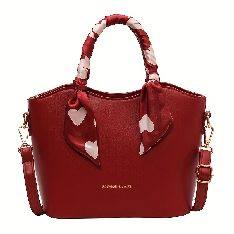 Red Pu Leather Handbag With Scarf