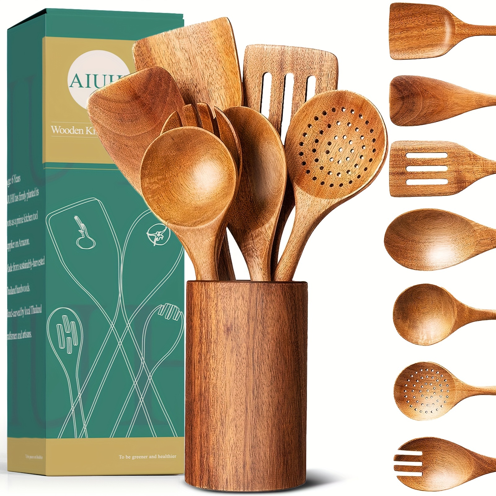 Wooden Cooking Utensils For Kitchen With Utensils Holder And - Temu