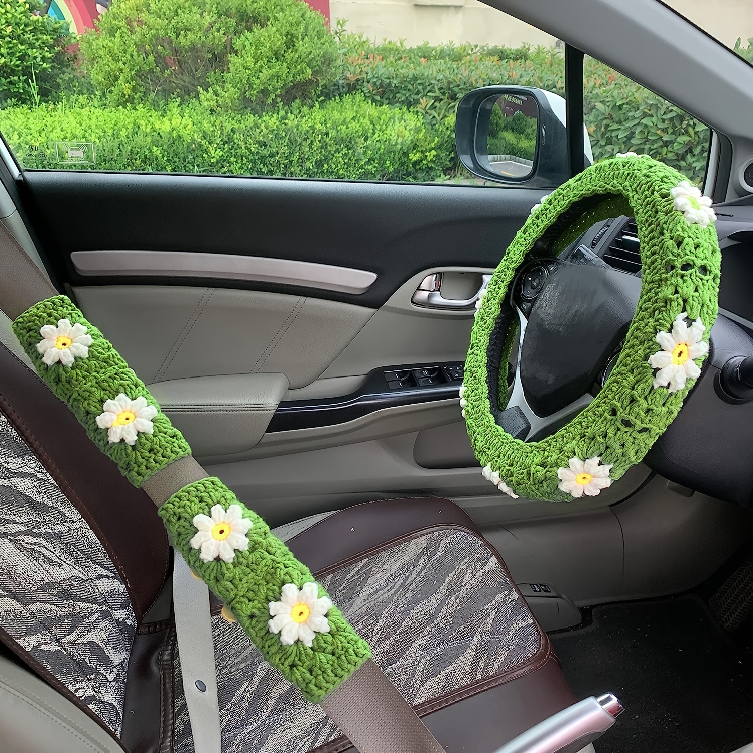 10 Pcs Embroidery Cute Flower Car Accessories Set Floral Steering Wheel  Cover Car Air Vent Clips Center Console Armrest Cushion Car Cup Mats Seat  Belt