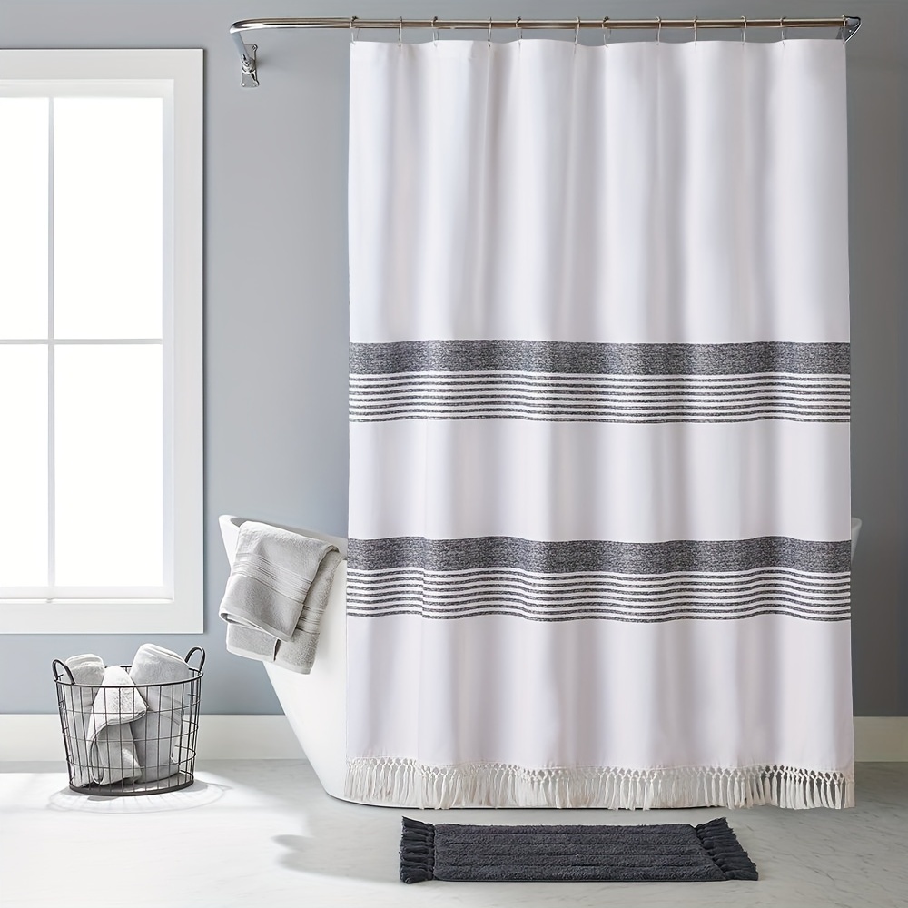 Cortina de ducha blanca para baño, cortinas de ducha de tela, 72 x 72  pulgadas, granja, bohemio, tejido a rayas blancas y grises