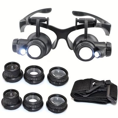 goxawee magnifying glass with led light head mount magnifier appraisal of antique repair glasses 10x 15x 20x 25x hands free magnifying loupe eyeglass with replaceable lenses for reading jewelry work watch repair batteries are not included