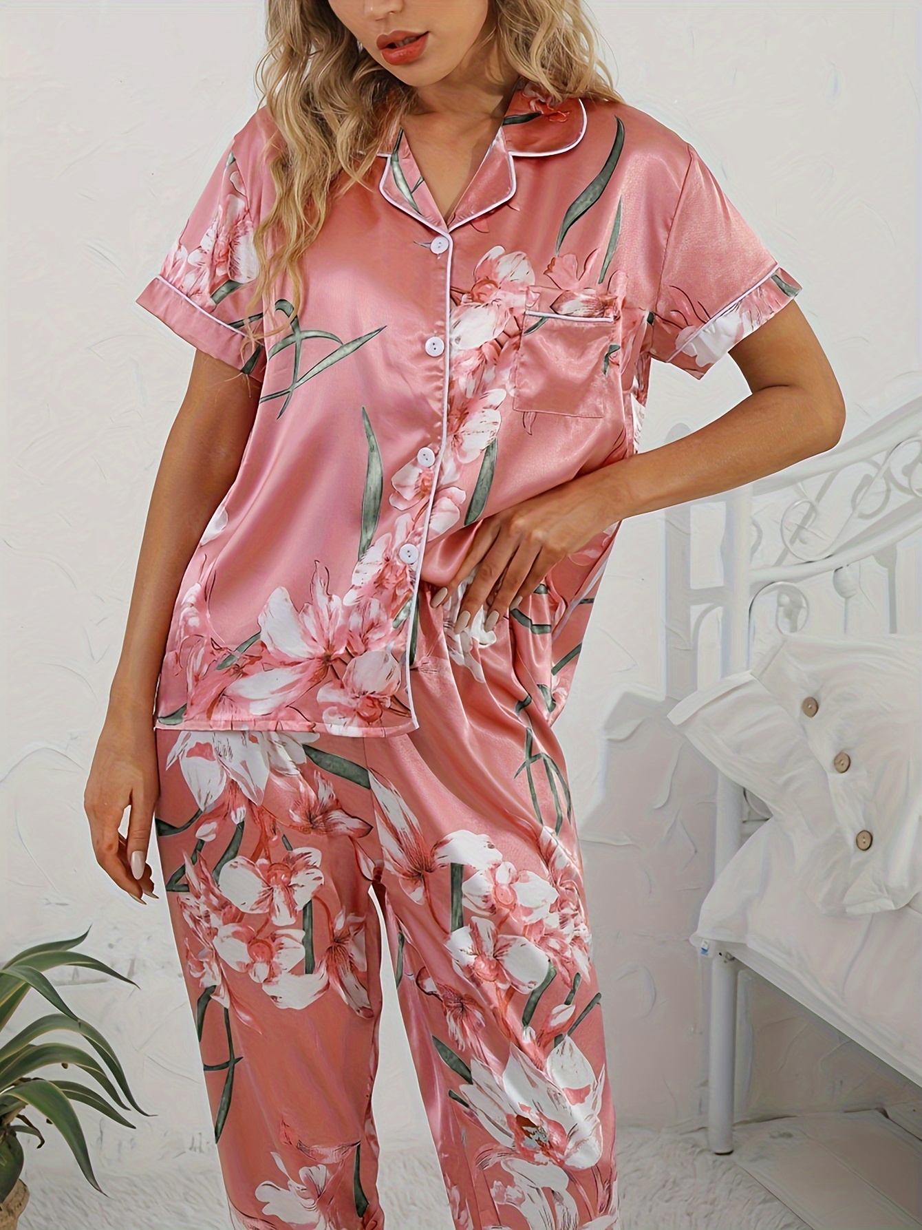 Green Floral Print Satin Pajama Set Smooth Comfort Short - Temu