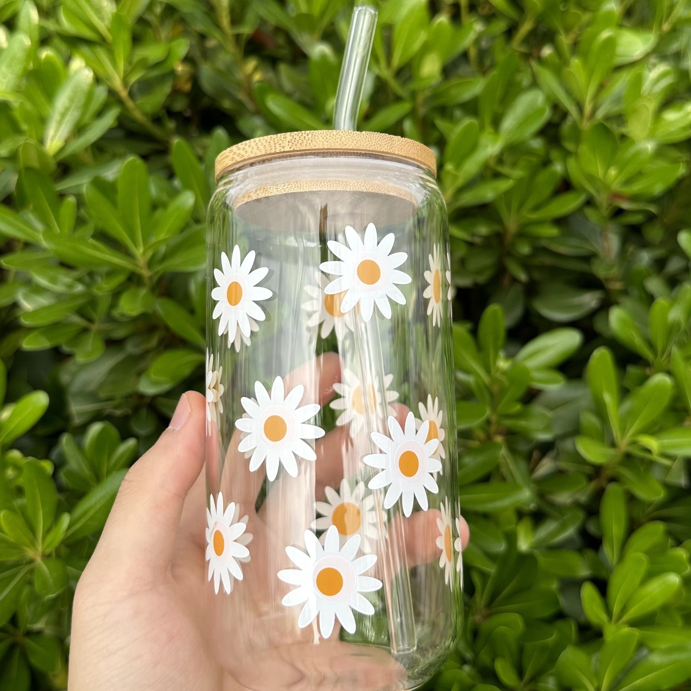 White Smiley Can Glass Cup With Bamboo Lid + Metal Straw