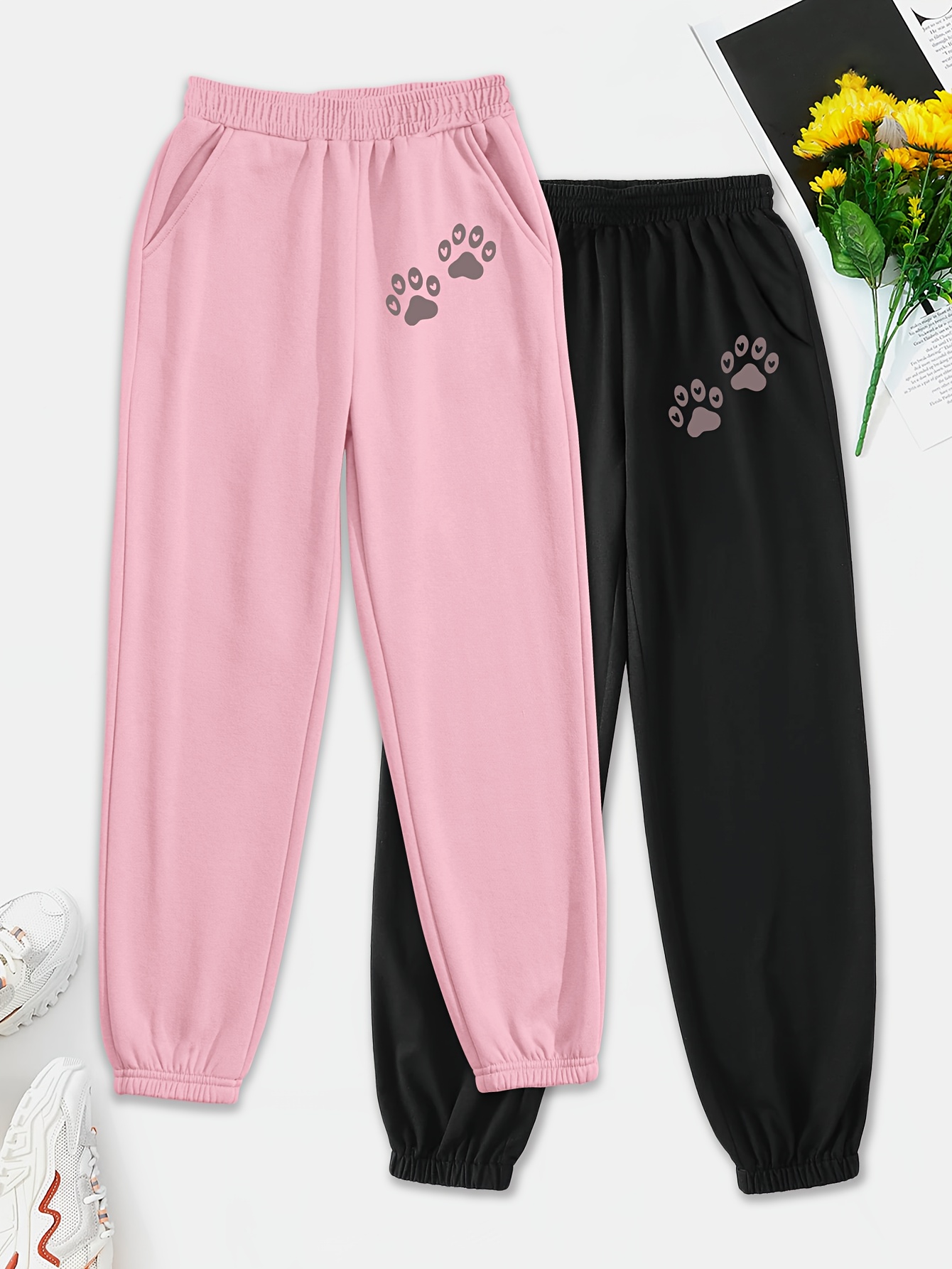 Pants Girls Cute Paws Print Casual Pull Comfy Active - Temu