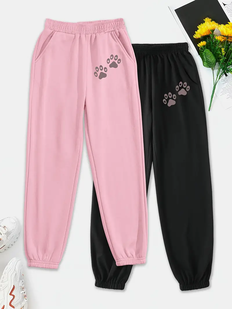 2pcs Pants For Girls, Cute Paws Print Casual Pull-on Comfy Active Trousers  For Teen Kids Everyday Outdoor School
