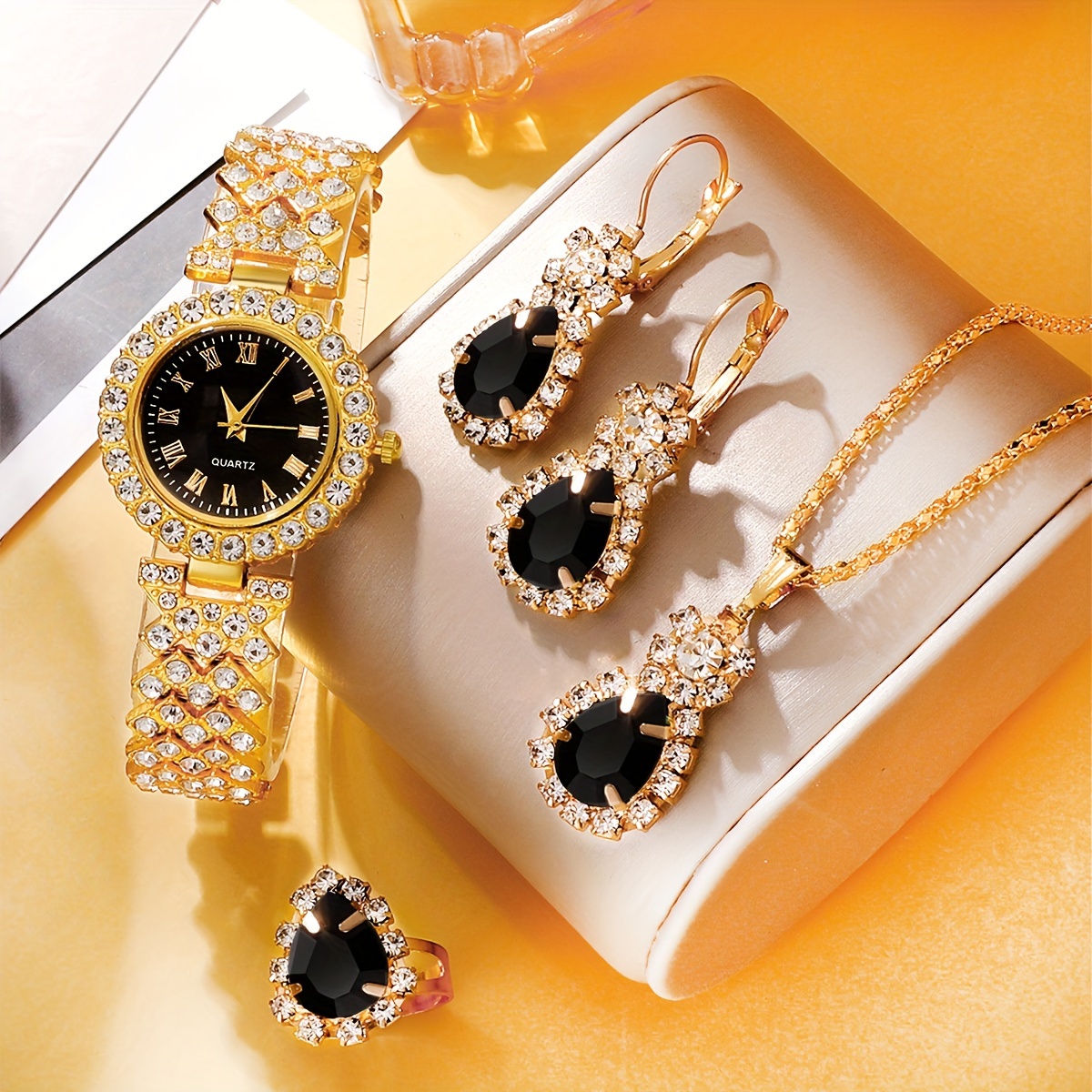 

5pcs/set Women's Watch Vintage Rhinestone Quartz Watch Rome Fashion Analog Wrist Watch & Jewelry Set, Gift For Mom Her