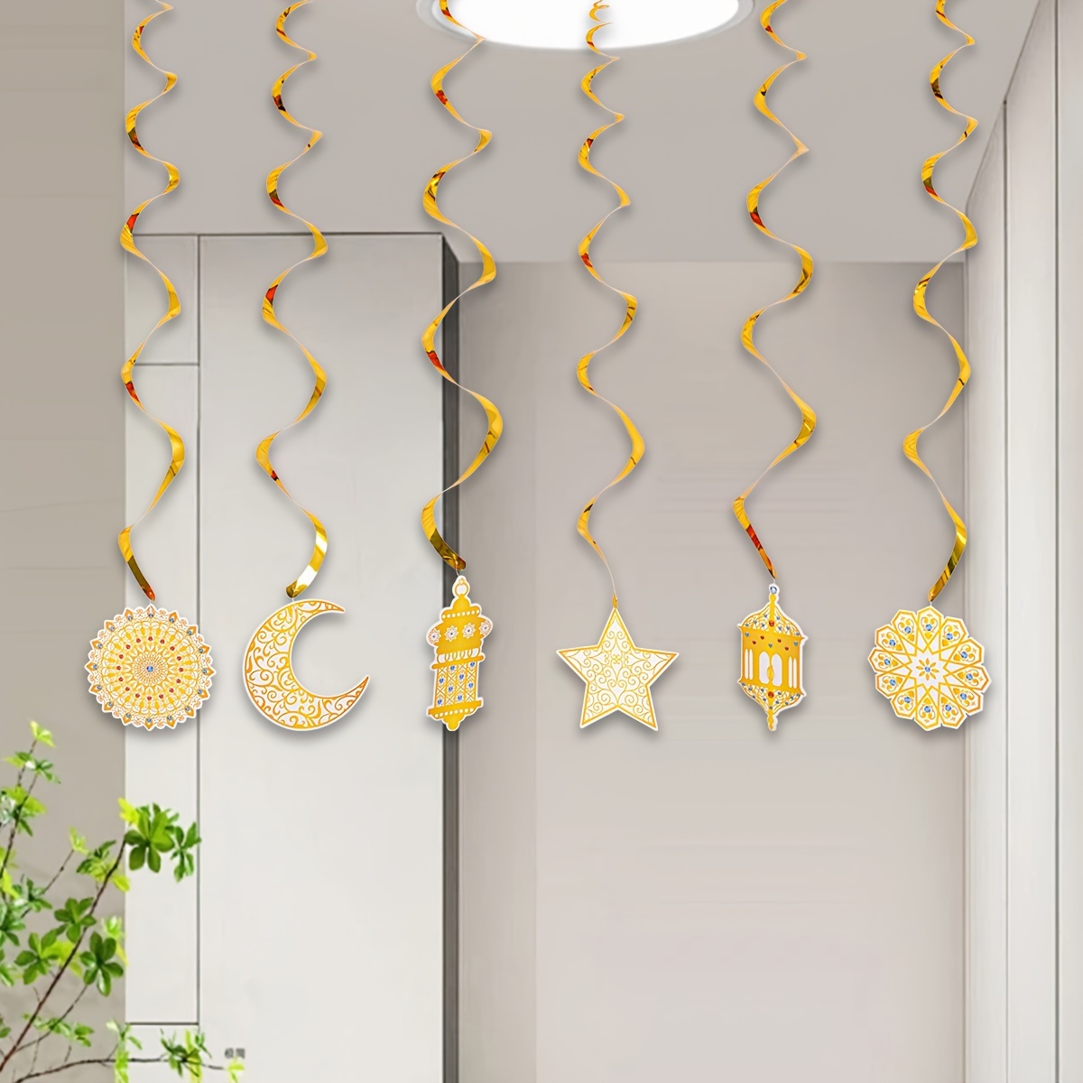 

6pcs Middle East Festival Ramadan Eid Festival Decoration Golden Moon Star Spiral Pendant, Home Decor, Scene Decor, Theme Party Decor