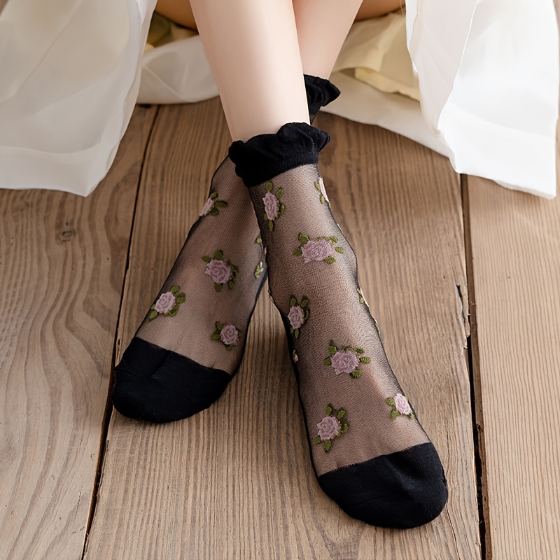 Women's Transparent Thin Flower Lace Socks Crystal Silk Short Ankle Socks  New