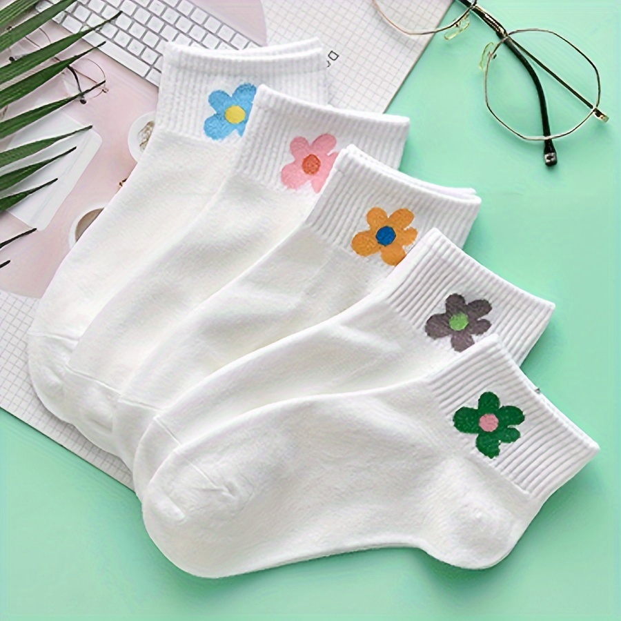 

5 Pairs Floral Print Socks, Comfy & Cute Crew Short Socks, Women's Stockings & Hosiery
