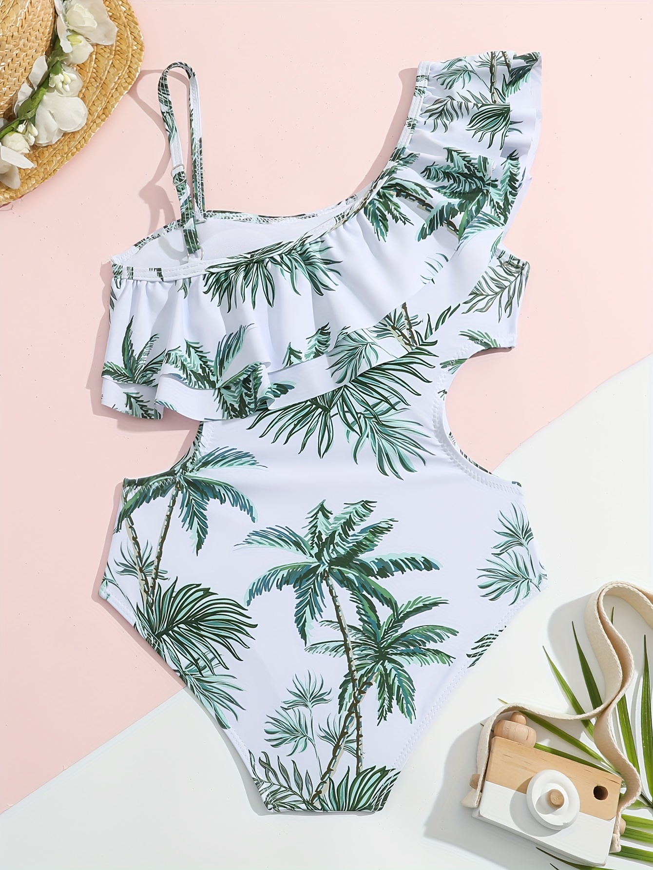 Tween Girl Coconut Tree Print Ruffle Trim Bikini Swimsuit