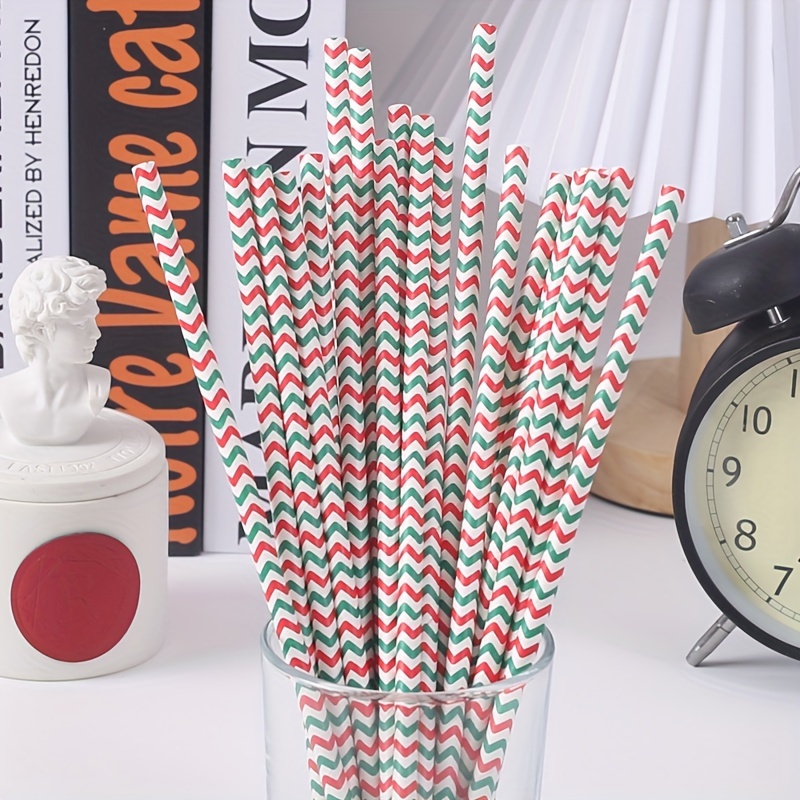 25pcs Disposable Red & Green Stripe Candy Cane Paper Straws