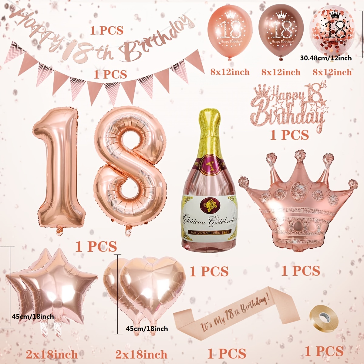  Decoraciones de cumpleaños número 18 para niñas, decoraciones  de fiesta de oro rosa, globos de cumpleaños de 18 años, pancarta de feliz cumpleaños  18, tiara de cumpleaños 18, globos de confeti