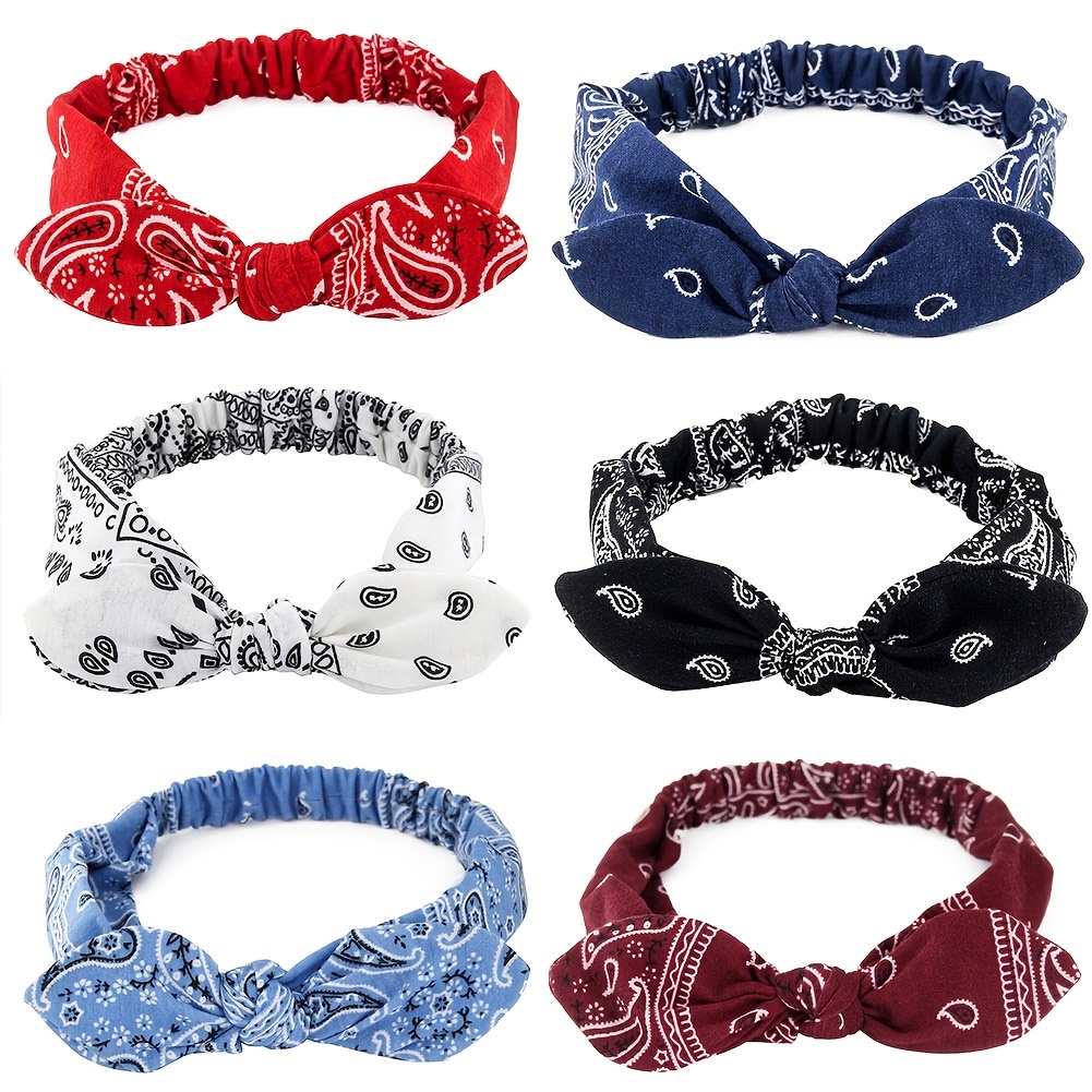 

6pcs Paisley Print Rabbit Ear Knotted Headbands Fabric Elastic Headwear Elegant Cute Headbands For Women