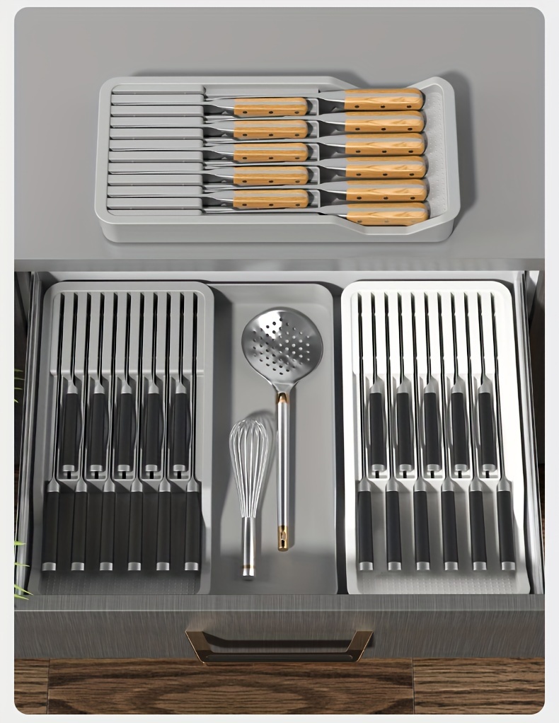 Organizador de cajones para cuchillos de cocina, bandeja de 2 niveles,  cajón con capacidad para 11 cuchillos (no incluidos) y bandeja organizadora  de