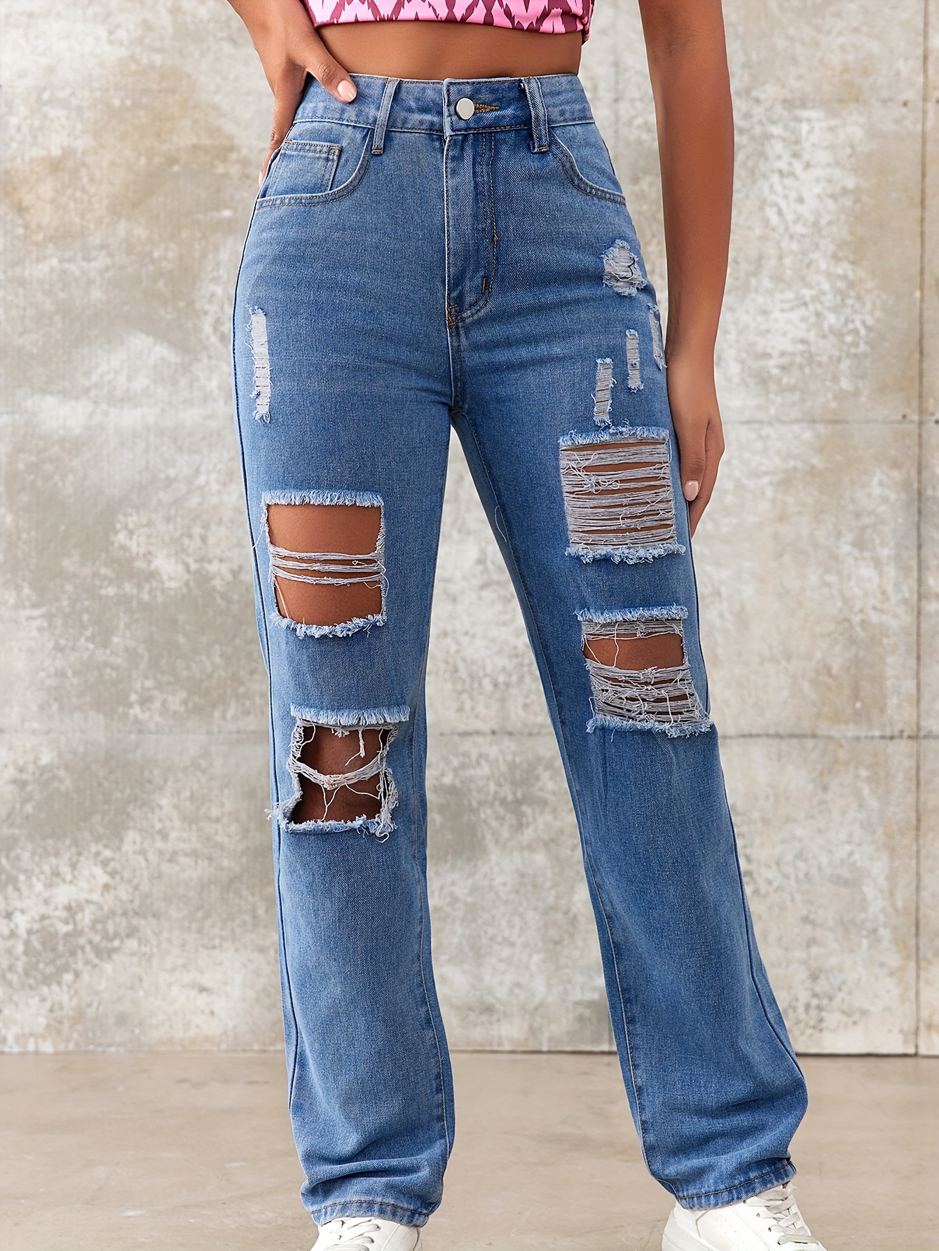 Plus Size Retro High Waisted Ripped Jeans, Women Solid Color Casual Denim  Jeans