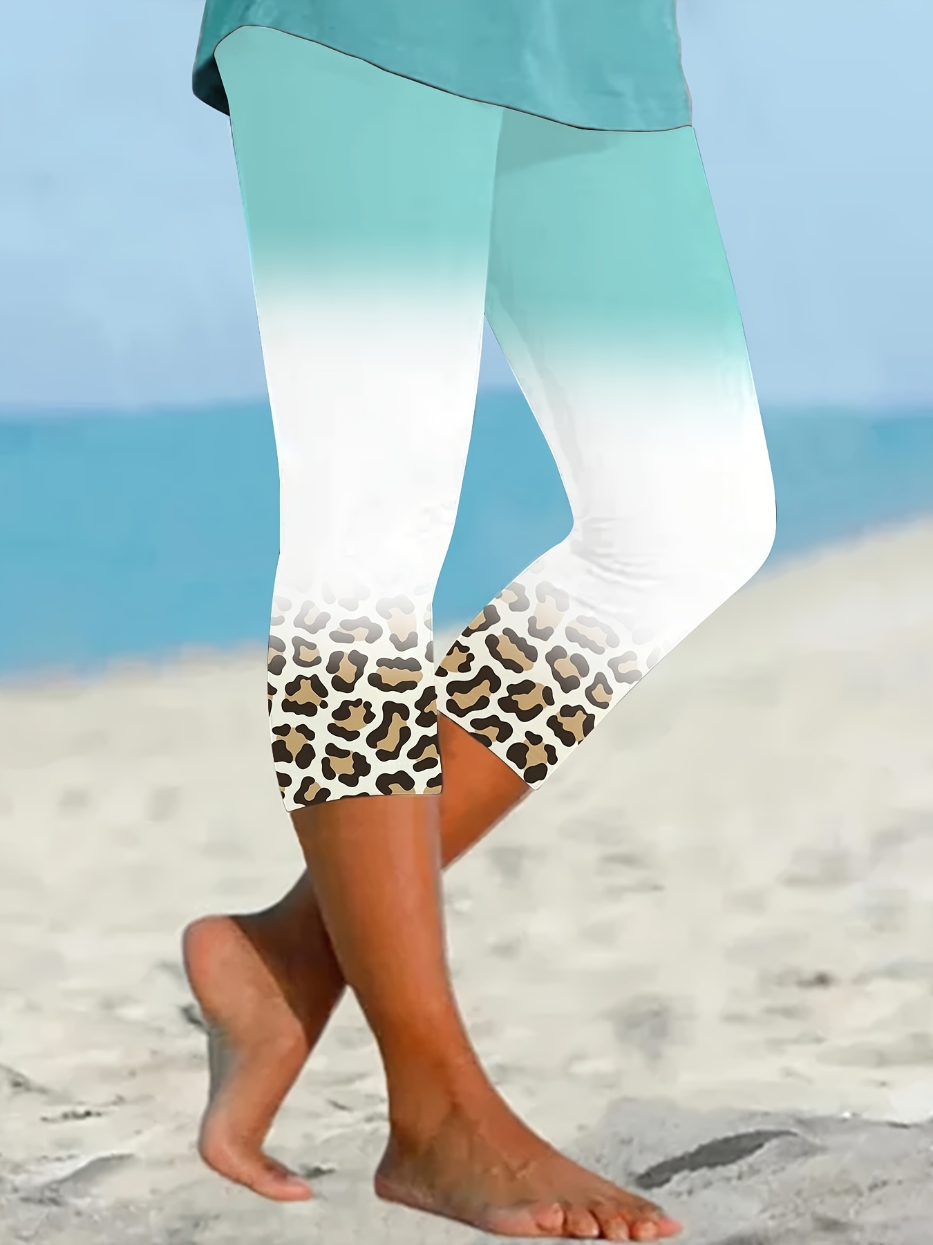 Womens Leopard Print Scalloped Hem Legging Capri Pants Summer Elastic Waist  Trendy Casual Slim Beach Tapered Pants