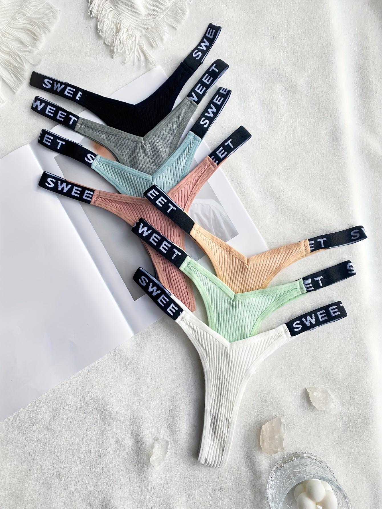 Letter Print Tape Thong Panties Comfort Breathable Ribbed - Temu Canada
