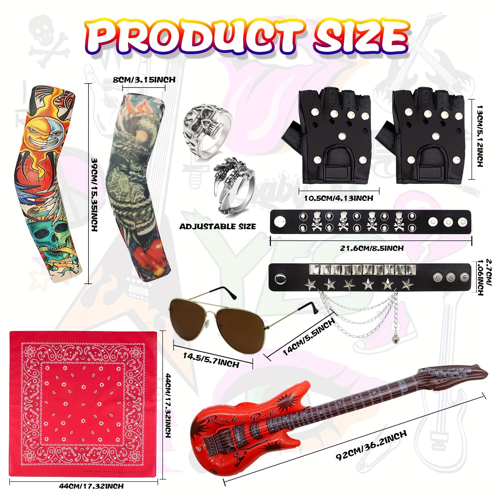 1 Set Punk Dress Up, Men's 80s Rock Costume Accessories (wig*1+head Scarf*1+sunglasses*1+sleeves No. 8 and No. 36 Each 1+gloves*1+bracelet*1),Temu