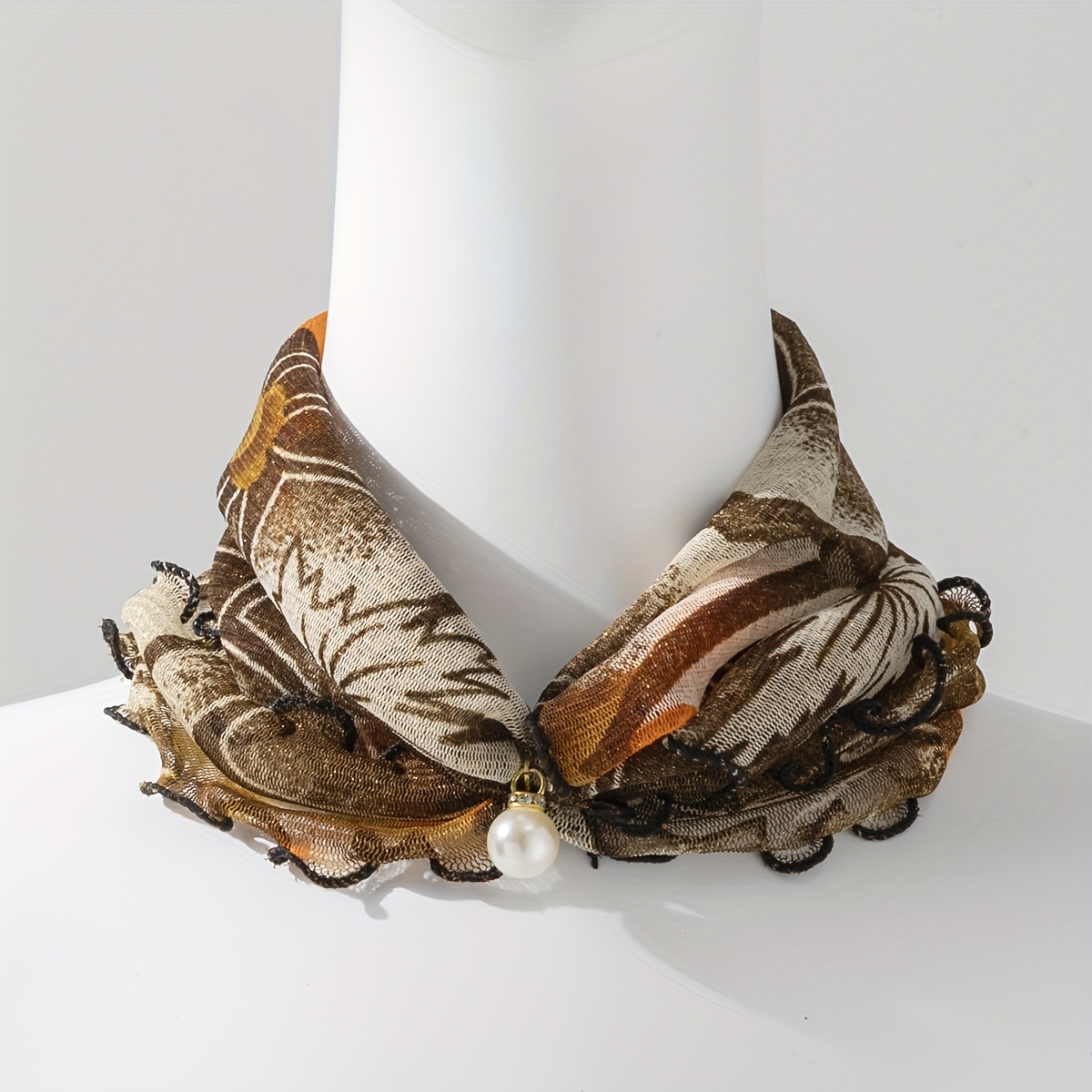 Ruffle Scarf Faux Pearl Decor Elastic Neckerchief